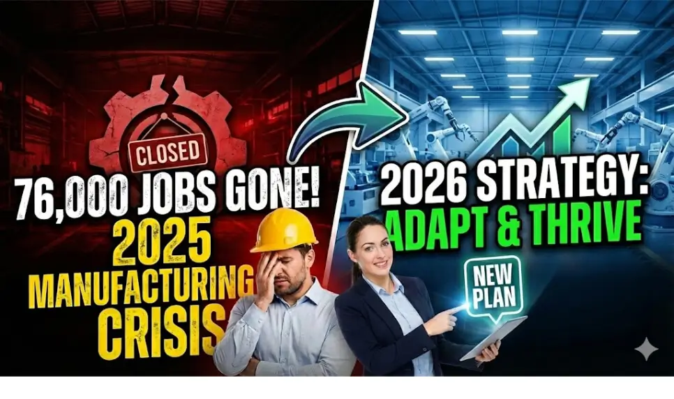 A dramatic, high-contrast thumbnail featuring a close-up of a manufacturing professional looking shocked and concerned. The background displays a high-tech, dynamic factory floor with depth-of-field effects blurring the industrial machinery behind them. Large, bold, sans-serif text dominates the foreground in urgent colors (like red or bright white), emphasizing the 2 Million Unfilled Jobs crisis, designed to create an immediate sense of urgency and importance.