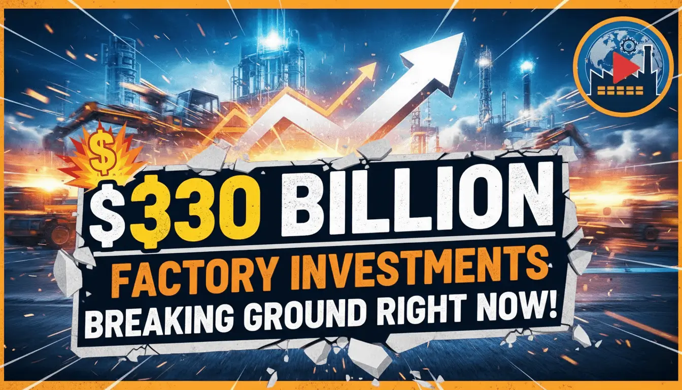 A dramatic factory construction site with cranes and steel framework against a sunrise sky, with bold text overlay about $330 billion in investments.