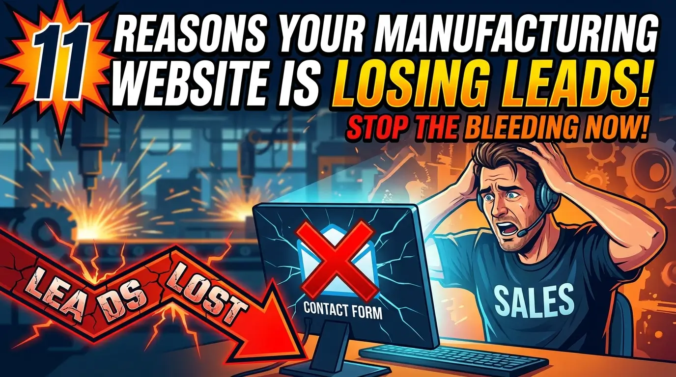 Manufacturing website losing leads with warning signs and analytics dashboard