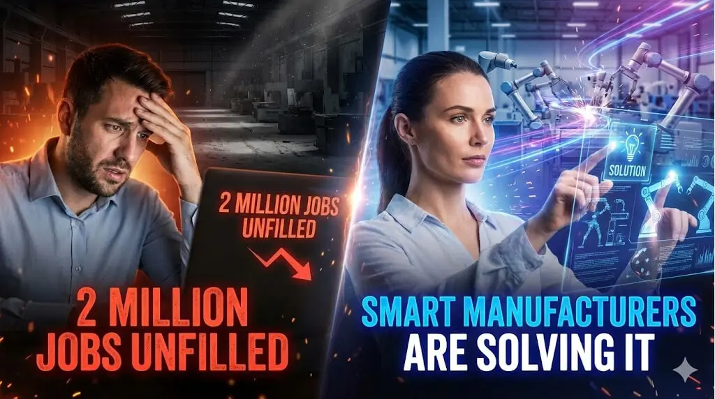 A dramatic, high-contrast thumbnail featuring a close-up of a manufacturing professional looking shocked and concerned. The background displays a high-tech, dynamic factory floor with depth-of-field effects blurring the industrial machinery behind them. Large, bold, sans-serif text dominates the foreground in urgent colors (like red or bright white), emphasizing the 2 Million Unfilled Jobs crisis, designed to create an immediate sense of urgency and importance.