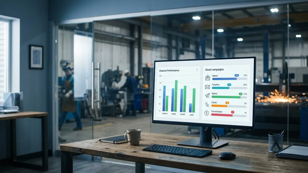 Digital marketing dashboard for a manufacturing company showing channel performance and RFQ pipeline