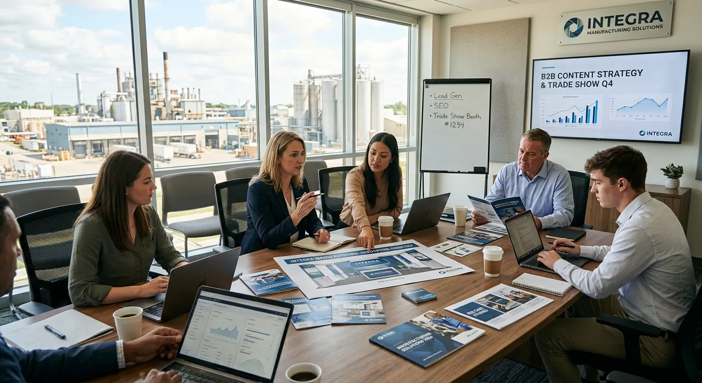 Team reviewing content strategy and marketing materials in a corporate boardroom