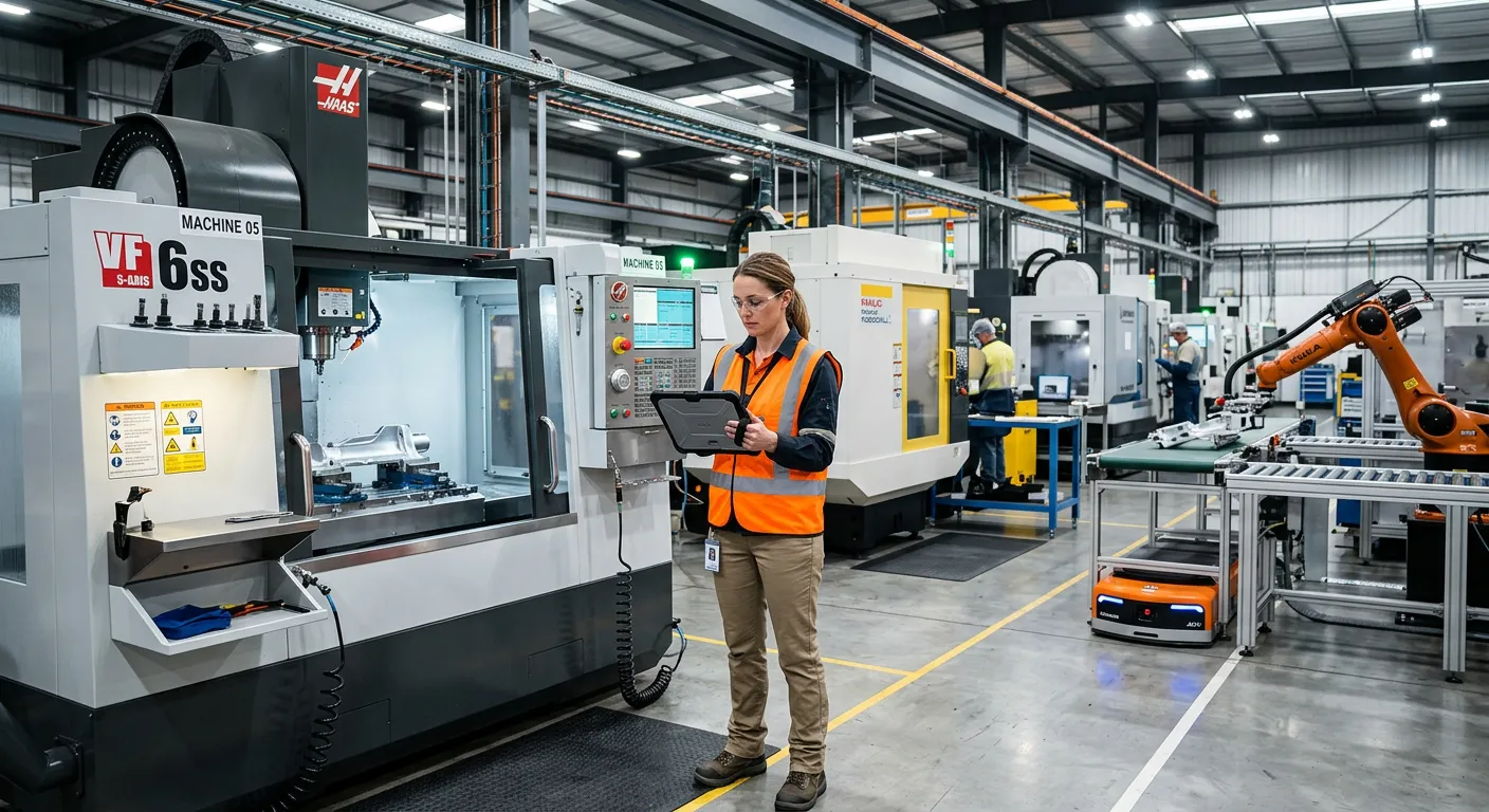 Industrial engineer using digital tools on a factory floor