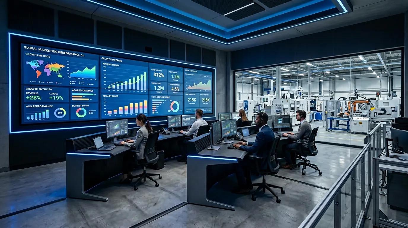 Manufacturing marketing dashboard with digital analytics and growth metrics