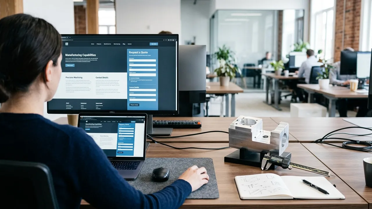 Manufacturing website design mockups for an industrial company shown on desktop and mobile screens