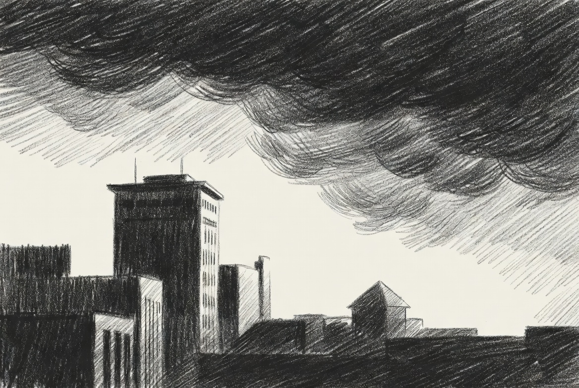 Buildings with ominous clouds over them